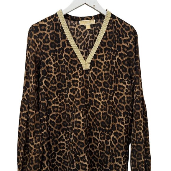 MICHAEL Michael Kors Leopard Print Top Medium Gold Metallic Trim Tunic Blouse - Picture 3 of 11